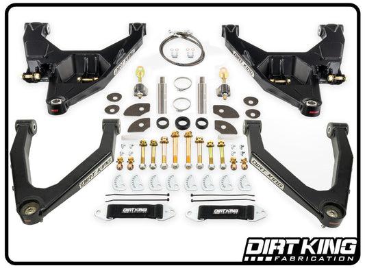 A set of black control arms, bolts, washers, and other hardware components arranged neatly, branded "DIRT KING." The image showcases the 07-18 GM 1500 Long Travel Kit for enhanced off-road handling, featuring upper and lower control arms, bolts, spacers, and brackets.