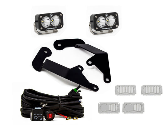 Enhance your Ford Bronco Sport experience with the Baja Designs 21+ Ford Bronco Sport S2 Pro Spot LED Light Pods, featuring two rectangular LED lights, black mounting brackets, a wiring harness with a switch, and four silver-colored covers on a white background.