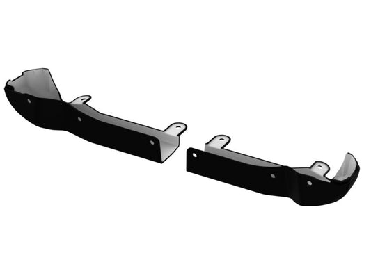 Two black, L-shaped metal brackets from the LTW Motorsports 2020-2024 GMC 2500HD/3500HD 2 Piece Mud Flap Delete Kit—Front Only, featuring mounting holes on each end and designed for the rugged GMC Sierra 2500/3500, are positioned against a white background.