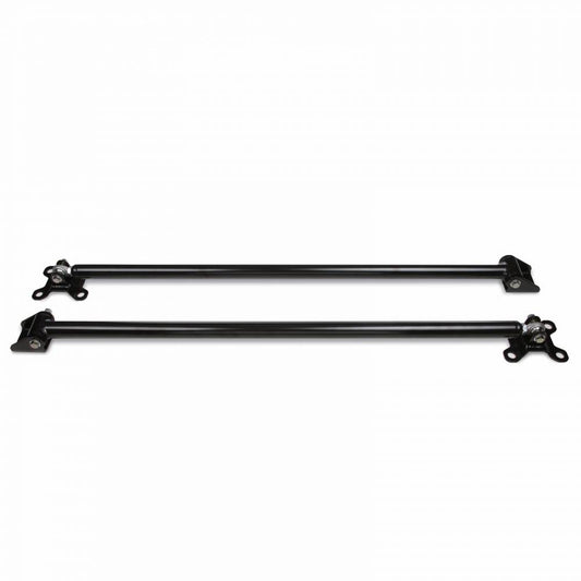 Two black metal rods with mounting brackets at both ends are positioned parallel to each other against a white background. These rods are part of the Cognito Economy Traction Bar Kit by Cognito Motorsports, designed for 6.5-10 inch rear lift applications on 2011-2019 Silverado/Sierra 2500/3500 2WD/4WD models. This kit is used for support or stabilization, likely in automotive applications such as axle wrap prevention.