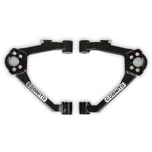The Cognito SM Series Upper Control Arm Kit for 07-18 Silverado/Sierra 1500 2WD/4WD OEM Cast Steel, by Cognito Motorsports, includes a pair of black steel upper control arms displayed symmetrically against a white background. Each arm is equipped with mounting points and features the Cognito alloy series ball joint, along with "Cognito" branding in white on the side, making them perfect for leveled and lifted applications.