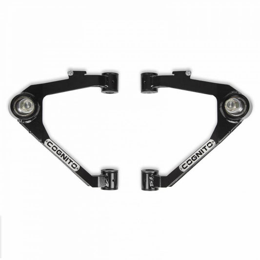 Two black upper control arms for a vehicle, branded with "Cognito Motorsports" on the arms. This Cognito Uniball SM Series Upper Control Arm Kit For 07-18 Silverado/Sierra 1500 2WD/4WD OEM Cast Steel features bushings and ball joints fixed at the ends, ideal for leveled and lifted applications. The arms, shown symmetrically against a white background, offer reliable performance with uniball joints.