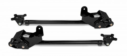 Two black LDG Traction Bars from the Cognito Tubular Series by Cognito Motorsports are shown side by side, each featuring a robust metal structure with multiple mounting points and bolts. These suspension components, designed for 2011-2019 Silverado/Sierra 2500/3500 2WD/4WD vehicles with a rear lift height of 0-5.5 inches, are used in vehicle undercarriages for improved handling and stability, effectively reducing axle wrap.
