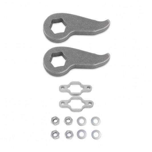 The image depicts the Cognito 2-Inch Economy Leveling Kit for 2020-2024 Silverado/Sierra 2500/3500 2WD/4WD by Cognito Motorsports. The kit includes two leveling keys, two spacers, and eight metal nuts and washers, all neatly arranged against a white background.