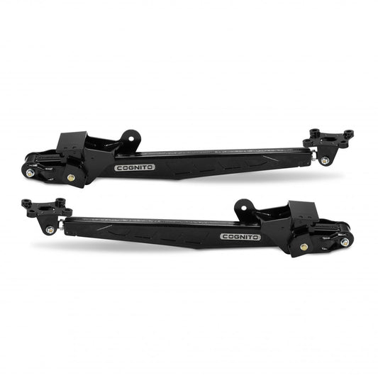 Two black, metal Cognito Motorsports SM Series LDG Traction Bars designed for 2020-2024 Silverado/Sierra 2500/3500 vehicles with a rear lift height of 5-9 inches. They feature a sleek design with mounting brackets and bolts at each end, suitable for suspension systems. Built with heavy-duty construction, the Cognito logo is prominently displayed along the length of the bars.