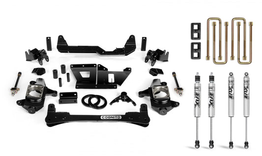Check out the Cognito 4-Inch Standard Lift Kit With Fox PS 2.0 IFP Shocks for 01-10 Silverado/Sierra 2500/3500 2WD/4WD by Cognito Motorsports, featuring sleek black and silver components including control arms and Fox 2.0 Performance Series shocks. Brackets, hardware, and u-bolts are all neatly arranged on a white background.