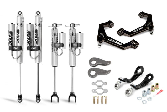The Cognito Motorsports 3-Inch Premier Leveling Kit with Fox PSRR 2.0 Shocks for 11-19 Silverado/Sierra 2500/3500 2WD/4WD includes off-road vehicle suspension components such as four Fox shocks, upper control arms, mounting wrenches, hardware, and other miscellaneous parts on a white background.