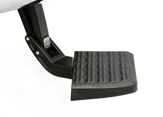 The AMP Research 19-22 Chevrolet/GMC Silverado/Sierra 1500 BedStep in black is a metal, retractable non-slip bumper step with a textured surface, expertly crafted to assist with entering and exiting your truck or SUV. This rear bumper step attaches seamlessly to a sturdy mount, making pickup cargo loading easier than ever.