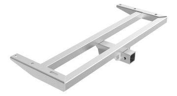 The MAZZULLA OFFROAD 1999-2018 CHEVY/GMC 1500 HITCH RECEIVER is a robust cargo carrier rack designed for vehicle attachment, featuring durable rectangular framing and a hitch mount. Constructed with steel plate, the rack consists of two parallel bars connected by perpendicular supports and boasts a sleek black powder coat finish.