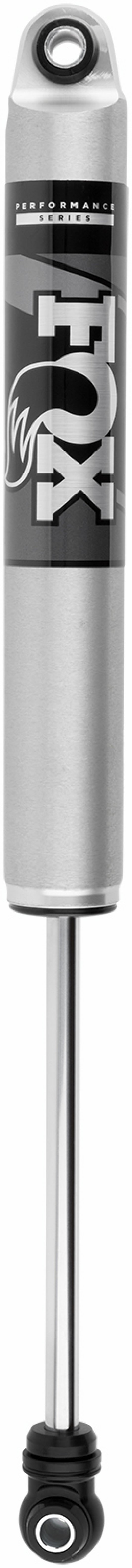 Close-up of the Fox 20+ GM 2500/3500 HD 2.0 Performance Series IFP Rear Shock, featuring a silver body with the FOX logo in black and white stylized text. Made from high-quality materials, it boasts sleek black circular ends on both top and bottom sections. Its modern design on a white background highlights its race-proven reliability.