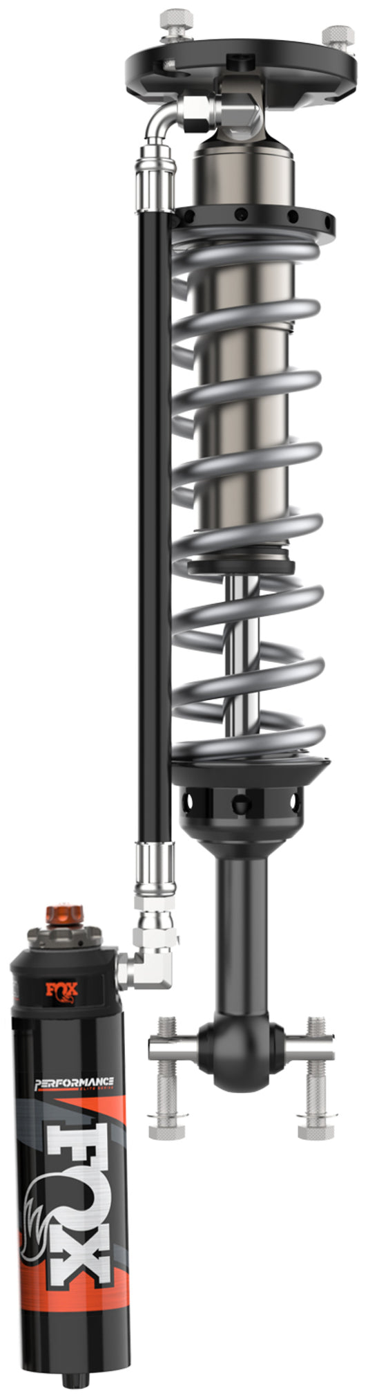 An image of the Fox 2021+ Ford F-150 4WD 2in Lift Front Performance Elite Series 2.5 Reservoir Shocks highlights its exceptional adjustability, featuring a large spring and an external reservoir. The sleek metallic finish with the "FOX" logo and orange accents enhances both wheel travel and style.