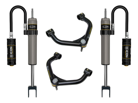 A picture showcasing the ICON 11-19 GM HD 0-2in 2.5 PB Shock System with Upper Control Arm displays two grey shock absorbers, each with a black reservoir labeled "ICON," alongside two upper control arms featuring advanced Delta Joint technology. These corrosion-resistant components are symmetrically positioned against a white backdrop.