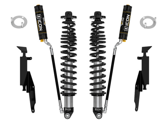 This image features the ICON 21-UP Ford Bronco 2-3in Rear 2.5 VS RR CDCV Coilover Kit, designed to enhance suspension performance. It includes black springs, silver bodies, adjustable rear lift components, and comes with mounting brackets and hardware.