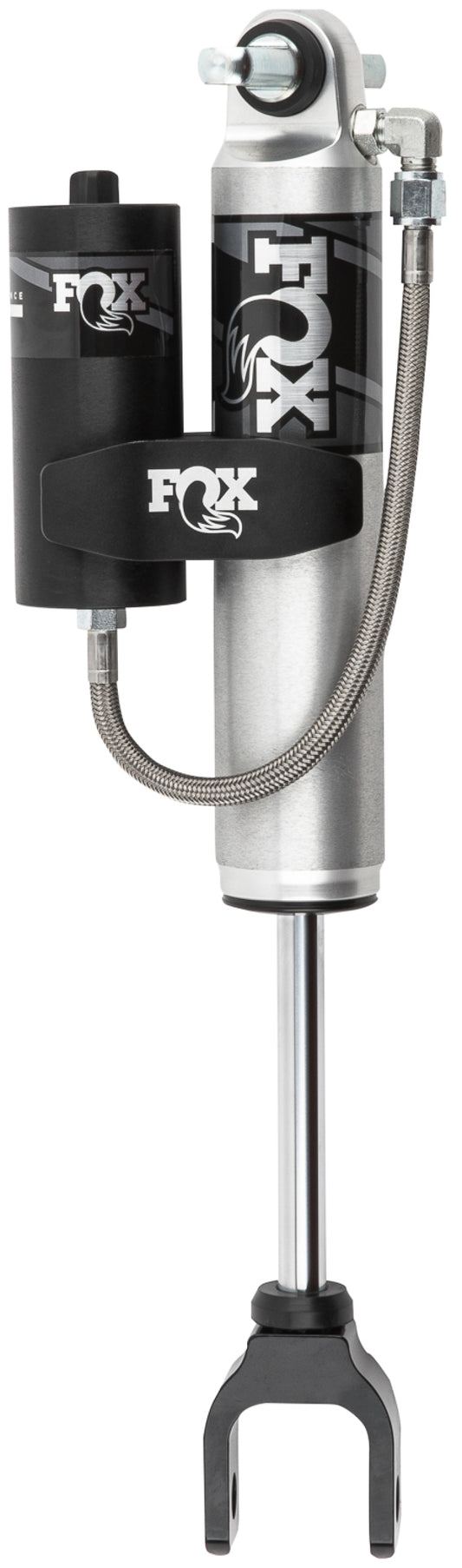 The FOX 20-Up GM 2500/3500 HD Performance Series 2.0 Front Smooth Body Shock with a 0-1 inch lift enhances off-road capability with its performance-minded shock valving and remote reservoir. This expertly crafted suspension system component features an aluminum body, silver and black design, cylindrical shape, and attached hoses.