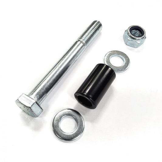 The Cognito Steering Stabilizer Relocation Kit For 11-19 Silverado/Sierra 2500/3500 2WD/4WD by Cognito Motorsports includes a metal bolt with a hexagonal head and threaded end positioned next to a hex nut, a metal washer, and a black cylindrical spacer. These relocation hardware components are arranged neatly on a white background.