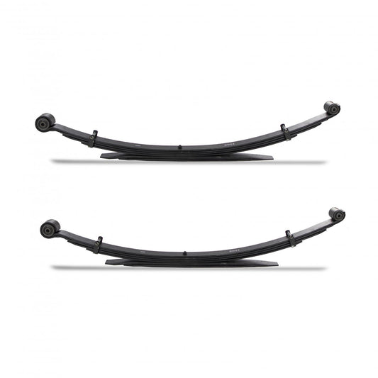 Two identical black Cognito Comfort Ride Leaf Springs for 11-24 Silverado/Sierra 2500/3500 2WD/4WD, crafted from high-quality spring steel by Cognito Motorsports, are shown side by side on a white background. These leaf springs are used in vehicles to provide support and absorb shock.