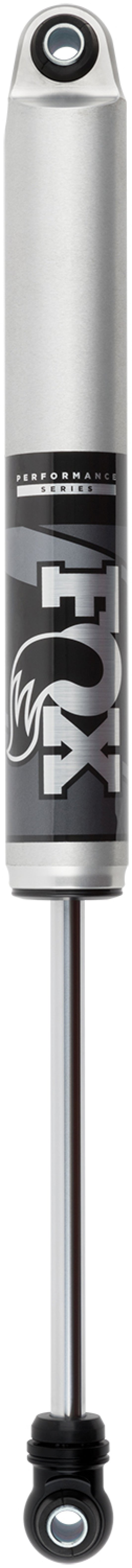The Fox 19+ GM 1500 2.0 Performance Series 4.9in. IFP Coilover Shock for Rear, designed by FOX, features a sleek cylindrical design with a silver, black, and gray color scheme complemented by prominent white branding along the side. Engineered for fade-resistant performance, it is ideal for off-road enthusiasts who seek superior durability and control with a 0-2in lift capability.