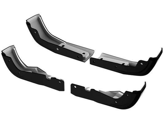 A set of four black and gray fender liners for the 2019-2024 GMC Sierra 1500 from LTW Motorsports, shown from various angles. Featuring a no-drill install design, they seamlessly integrate with factory flare molding.