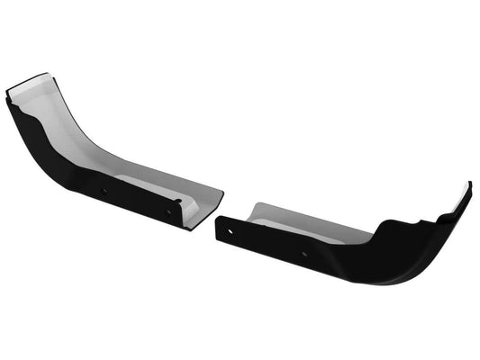 Two black, curved vehicle parts are shown against a white background. The parts are mirror images of each other, featuring sleek and smooth surfaces with bolt holes for mounting. Designed as the LTW Motorsports 2020-2024 GMC Sierra 1500 2 Piece Rear Mud Flap Delete Kit, these components allow for a no-drill install, ensuring easy setup and protection.