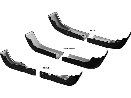 Displayed are five pieces of the LTW Motorsports 2019-2024 GMC Sierra 1500 6 Piece Mud Flap Delete Kit in black and silver. Two pieces are labeled "REAR," one piece is labeled "REAR-FRONT," and two pieces are labeled "FRONT." They are arranged to showcase both the inner and outer curves, ensuring a custom fit that seamlessly integrates with your vehicle's factory flare molding.
