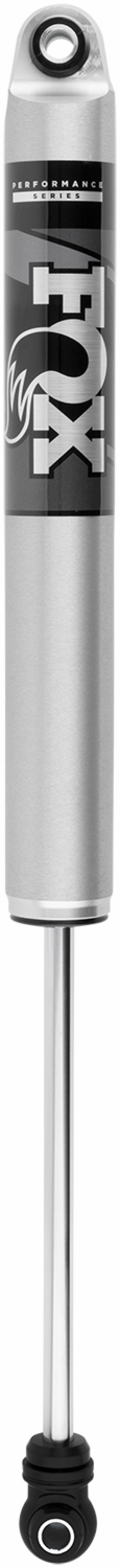 The Fox 99-07 Chevy 1500 4WD 2.0 Performance Series Rear Shock features a sleek silver and black design with the distinct "FOX" logo and "Performance" branding at the top. Its aluminum body has a polished metal finish, a prominent rod at the bottom, and is equipped with performance-oriented shock valving to enhance off-road capabilities for vehicles with a lift of 0-1 inch.
