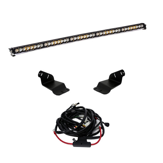 Introducing the Baja Designs 2021+ Ford Bronco Roof Light Bar Kit 50 S8, which includes a sleek black LED light bar with numerous lights, two sturdy black metal mounting brackets, and a comprehensive set of wiring cables with connectors. This kit is designed to enhance both style and functionality for your off-road excursions in the Ford Bronco.
