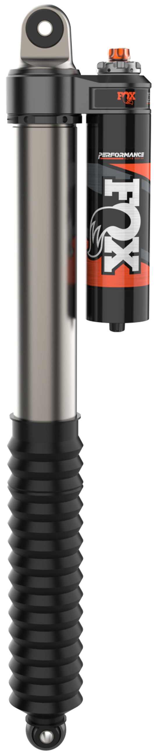 Image of the Fox 2021+ Ford F150 4WD 0-1.5in Lift Rear Performance Elite Series 2.5 Reservoir Shocks - Adjustable, featuring extended wheel travel with a black rubber boot, metallic cylinder, and attached reservoir. The FOX logo and adjustment knobs are prominently displayed at the top, highlighting its sleek and high-performance design with ultimate adjustability.