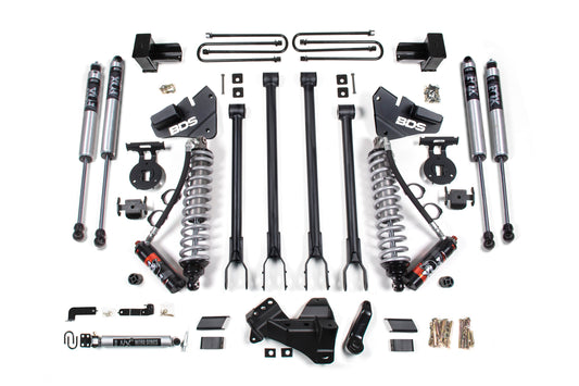 The BDS 5 Inch Lift Kit with 4-Link and FOX 2.5 Performance Elite Coil-Over Conversion for Ford F250/F350 Super Duty (2020-2022) Diesel vehicles, includes a comprehensive selection of vehicle suspension parts such as FOX Performance shocks, control arms, brackets, and hardware. These components are symmetrically arranged on a white background, with matching parts mirrored on either side.