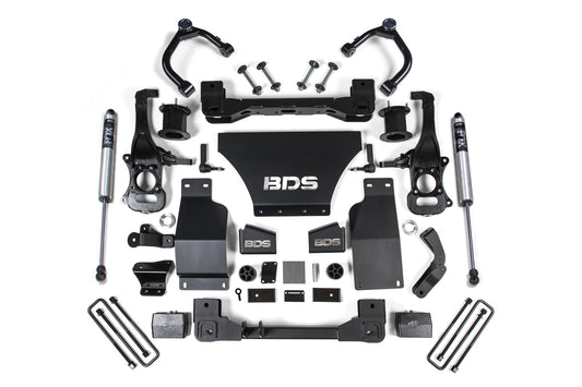 A comprehensive 4 Inch Lift Kit by BDS for the Chevy Silverado or GMC Sierra 1500 (19-23) 4WD Gas is displayed on a white background, showcasing shock absorbers, control arms, brackets, bolts, and other components designed for superior offroad protection.