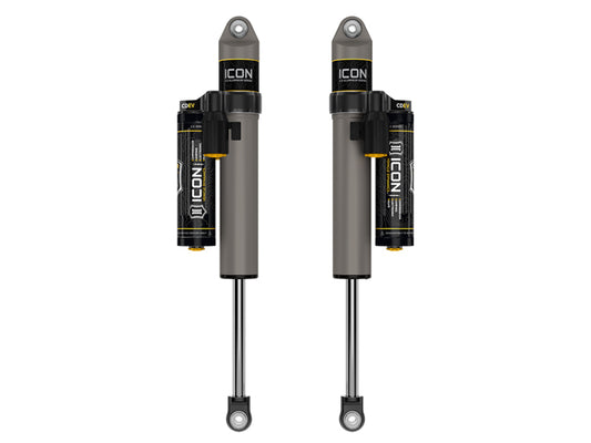 Experience enhanced off-road performance with the ICON 21-23 Ford F150 Rear 2.5 VS PB CDEV Pair. These two expertly crafted shocks feature an attached reservoir and sleek metallic design with striking black and yellow accents. The inclusion of Compression Damping Electronic Valve technology further optimizes your vehicle's capabilities, ensuring top-notch handling on any terrain.