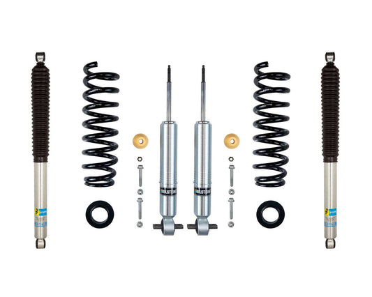 Presented against a white background, this LTW Motorsports 15-20 Ford F-150 4WD Leveling Kit features two coil springs and four shock absorbers, complemented by Bilstein 6112 Struts and 5100 Shocks, along with small components like bolts and rubber parts, all engineered to enhance off-road performance.