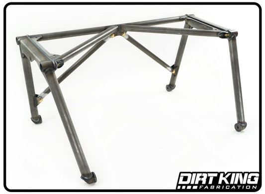A durable and stable metal tubular frame structure with triangular supports and angled legs, the 99-18 GM 1500 Pre-fab Bed Cage by DIRT KING features adjustable joints and integrates seamlessly into a suspension system for maximum travel. The bottom right corner is branded with "Dirt King Fabrication," set against a plain white background.