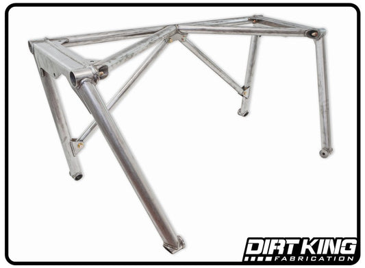 An image of a 19-24 GM 1500 Pre-fab Bed Cage designed for a vehicle, featuring multiple welded joints and tubular sections for structural support. It is branded with the "DIRT KING" logo in the lower right corner, ensuring maximum travel and easy installation.