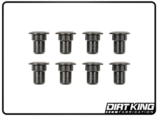 Eight black rivet nuts, accompanied by two heavy-duty knurled pins, are arranged in two rows of four against a white background. The "DIRT KING" logo is displayed at the bottom right corner, showcasing the 99-18 GM 1500 Upper Arm Alignment Cam Pins.