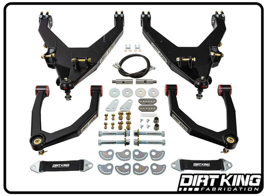 A 19-24 GM 1500 Long Travel Kit from Dirt King Fabrication, showcasing upper and lower control arms, bolts, washers, brackets, and various hardware components laid out on a white background. The DIRT KING logo is prominently displayed at the bottom right corner.