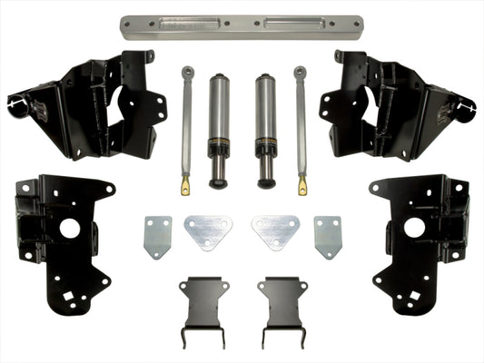 The ICON 10-14 Ford Raptor Rear Hyd Bump Stop Kit, comprising various suspension parts like metal brackets, shock absorbers, and nitrogen-charged mounting plates, is symmetrically arranged on a white background. The components predominantly feature black with some silver accents.