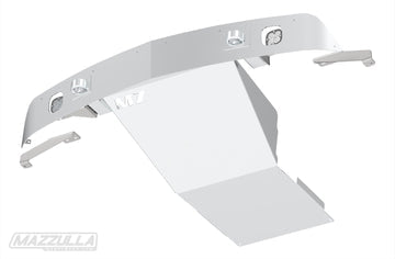 A white metal belly pan designed for vehicle protection, featuring several cutouts and mounting points, specifically shaped to fit underneath the 2019-2021 CHEVY 1500. This sturdy skid plate and valence kit by MAZZULLA OFFROAD is a reliable choice for off-road enthusiasts.