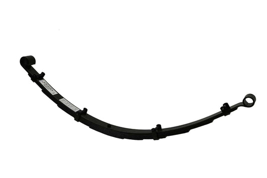 A Deaver Spring product, this pair of rear springs for the F150/Raptor 2015-2020, eliminates the factory block to provide a 5-inch lift. The black multilayered springs with multiple attachment points are designed to increase wheel travel in vehicle suspension systems and are showcased against a white background.