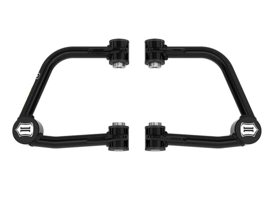 Introducing the ICON 21+ Ford Bronco Tubular Upper Control Arm Delta Joint Kit, expertly crafted by ICON for your vehicle's suspension system. These symmetrical black metal tubular steel upper control arms prominently feature the brand's logo and are specially designed for a Ford Bronco. Equipped with cutting-edge Delta Joint PRO technology, these control arms reveal bushings and joints at each end against a clean white background.