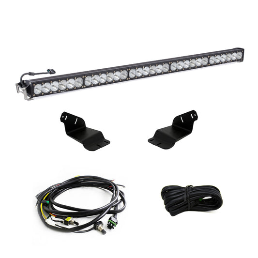 The Baja Designs 2021+ Ford Bronco Roof Light Bar Kit 50 Onx6+, featuring mounting brackets, a wiring harness, and cables, is displayed on a white background. This light bar is perfectly suited as a roof light bar for vehicle use, especially ideal for the Ford Bronco.