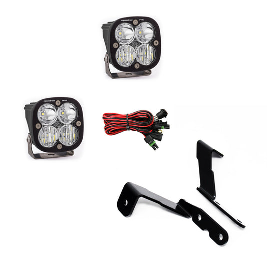 Two Squadron Pro LED off-road lights from Baja Designs, complete with mounting brackets and a wiring harness set, designed specifically for your 2007-2013 GM Silverado as part of the A-Pillar Kit.