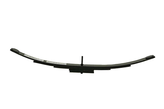 Displayed against a white background, a black Chevy/GMC 1500/2500 Mini Pack 2 Inch Lift leaf spring by Deaver Spring is shown curving slightly upward. It's ideal for bottom overload replacement and features several stacked, securely fastened metal strips at its center.