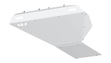 A white, angular metal object with a rectangular base, CNC cut for precision, and small handles on the sides. A MAZZULLA OFFROAD logo adorns one side while a hinged panel extends downward from the base. The sleek, geometric design suggests it might be part of an industrial or mechanical assembly. This is the 2016-2018 CHEVY 1500 SKID PLATE.