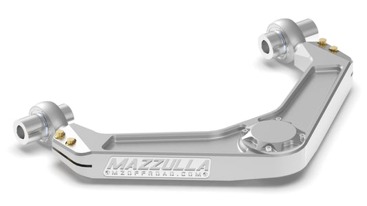 A silver, L-shaped off-road suspension component for 2011-2019 Chevy/GMC 2500/3500 HD trucks, the BILLET UPPER CONTROL ARMS by MAZZULLA OFFROAD features uniball bearings with rounded ends, "MAZZULLA" and "MZOFFROAD.COM" engravings, and gold-colored bolts enhancing its sleek metallic finish.