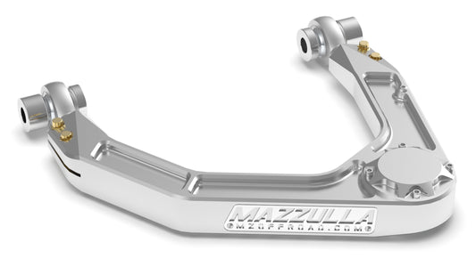 A 2019+ Chevy/GMC 1500 billet upper control arm by Mazulla Offroad features cylindrical joints, a sleek design, and the brand name and website engraved on the side, promising enhanced handling.