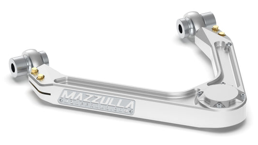 The MAZZULLA OFFROAD 2007-2018 CHEVY/GMC 1500 billet upper control arms feature a metallic V-shaped design with cylindrical ends. Engraved with "Mazzulla," they include uniball bearings, multiple attachment points, and a reflective finish, perfect for Chevy or GMC trucks.