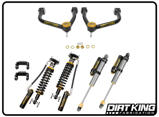 The LTW Motorsports 19-25 GM 1500 Dirt King Stage 2 Mid Travel Kit includes control arms, coilovers, shocks, and mounting hardware in black, silver, and gold. It offers excellent off-road ride quality with the Dirt King Prerunner Kit logo in the bottom right corner.