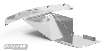 A 2019-2021 Chevy 1500 Short Skid Plate & Valence Kit by Mazzulla Offroad is an aluminum assembly composed of multiple parts, featuring a curved section with hinges and a rectangular base. This CNC-cut component appears to be designed for engineering or construction purposes. The name "Mazzulla" is clearly visible in the bottom left corner.
