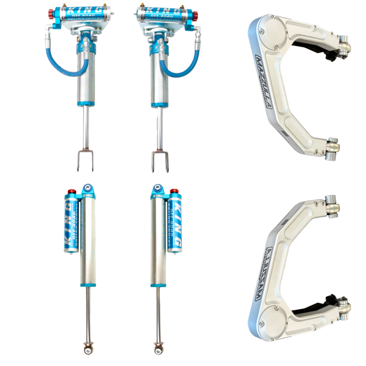 Introducing the LTW Motorsports 20-24 GM 2500/3500 Mazzulla Stage 3 Mid Travel Kit with King Shocks—a comprehensive set of vehicle suspension components specifically designed for GM 2500/3500 models. This kit includes four premium King shocks featuring blue reservoirs and labeled "KING," as well as two rugged Mazzulla Billet control arms prominently marked with "CAMBURG" branding.